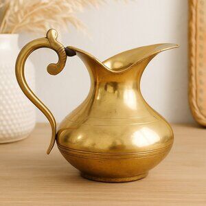 VTG Solid Brass Pitcher Jug 6" Ornate Handle Rustic Farmhouse Boho Vase Decor